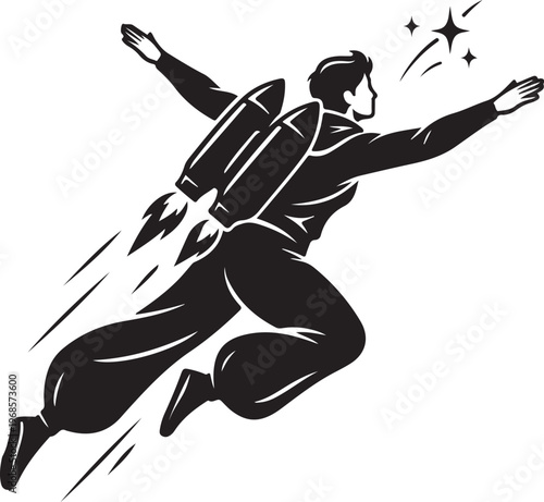 Retro style man flying with rocket pack