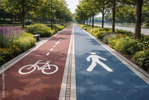 Separated Bicycle and Pedestrian Lane in Green Urban Park with Sustainable Mobility Concept