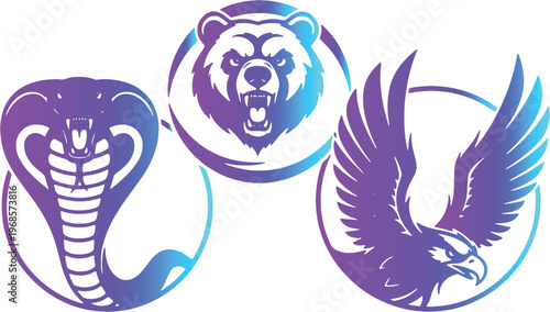 Fierce Animal Mascot Logo Set: Cobra, Bear, and Eagle Vector Icons with Purple Gradient