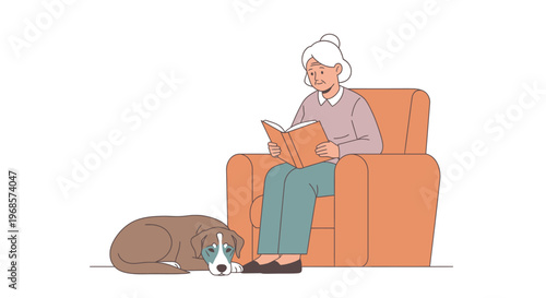 Woman reading book with dog illustration
