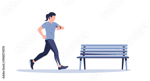 Woman running checking smartwatch bench daytime activity exercise health fitness vector illustration