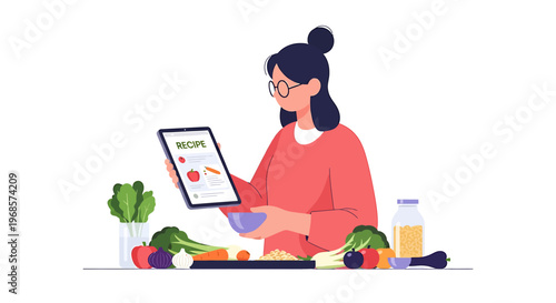 Woman using tablet to follow recipe vegetables healthy food preparation cooking process illustration