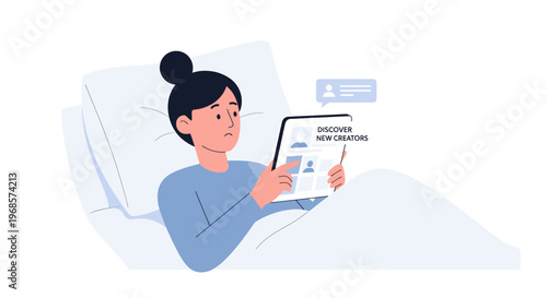 Woman using tablet in bed illustration
