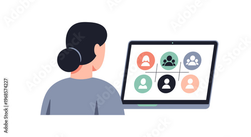 Woman viewing a laptop screen showing multiple user icons