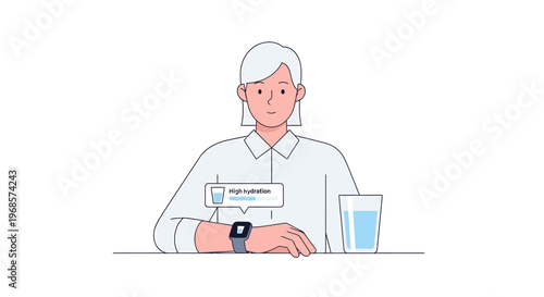 Woman wearing smartwatch with hydration data glass of water health technology concept