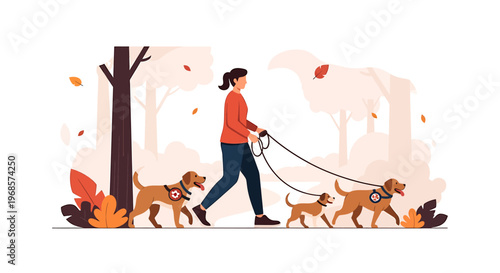 Woman walking dogs in nature outdoor scene vector illustration