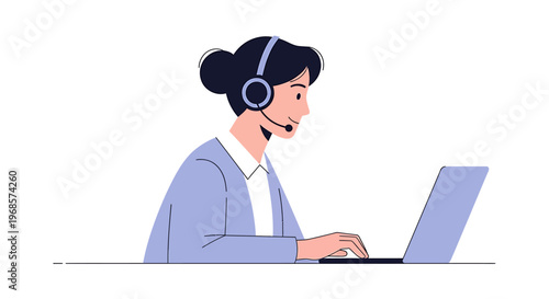 Woman working with headset and laptop illustration for customer support and telecommunication concepts