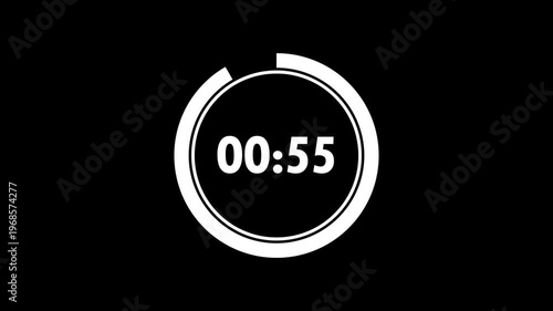 One Minute timer countdown with alpha channel. Transparent background 