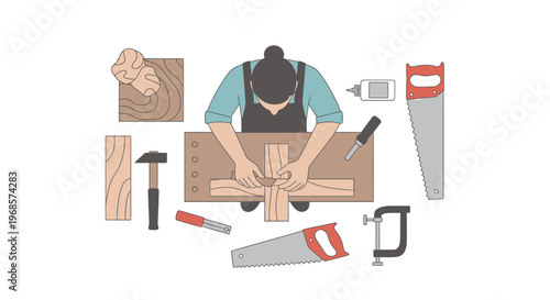Woodworker crafting wooden components overhead view construction elements carpentry workshop