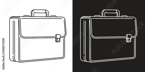 Minimalist line art of a briefcase in white and black, isolated on contrasting backgrounds, symbolizing business and professionalism.