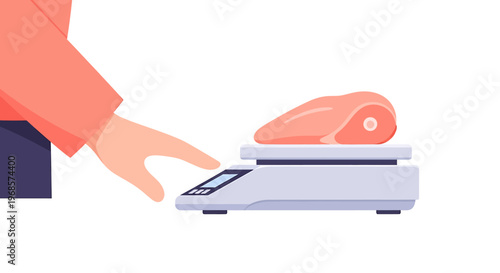 Raw meat portion on digital scale measuring weight for culinary preparation or retail sales flat vector illustration isolated