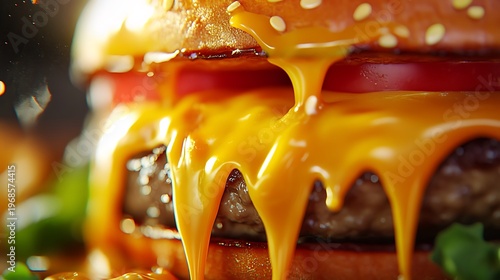 Melted cheese dripping down a juicy burger with sesame seed bun