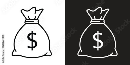 Two money bags with dollar signs, one in white on black background and one in black on white background, simple financial concept.