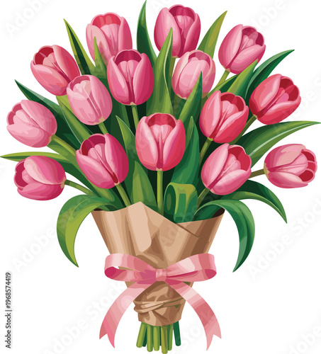 Bouquet of Pink Tulips Tied with Pink Ribbon and Brown Paper, Isolated