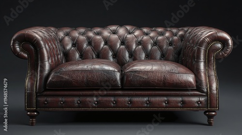 Premium Chesterfield Sofa, Luxury Leather Couch Design, Elegant Living Room Furniture, Studio Background, Classic Leather Couch, Button Tufted Sofa, Vintage Interior Decor Concept.