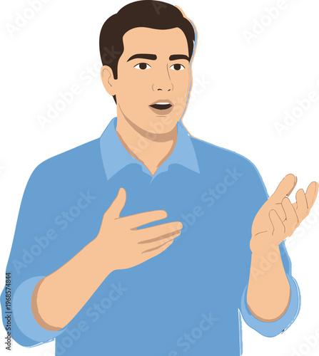 Man urgently broadcasts important news using.