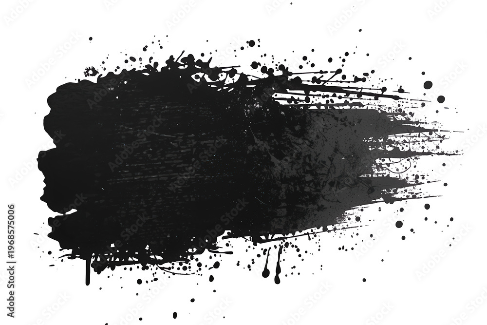 Naklejka premium Black paint stroke with grunge ink splatter and drip effect creating abstract brush texture background, transparent png element