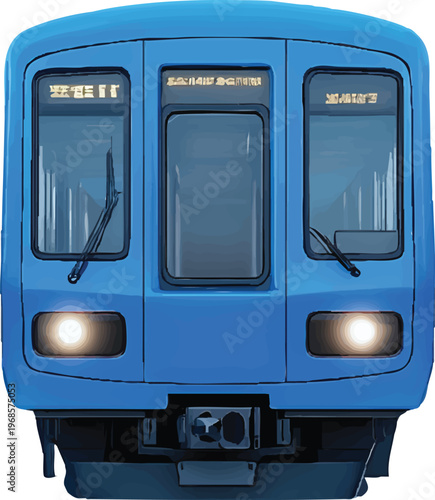 a blue subway train with a white background, front view, ultra-realistic photography