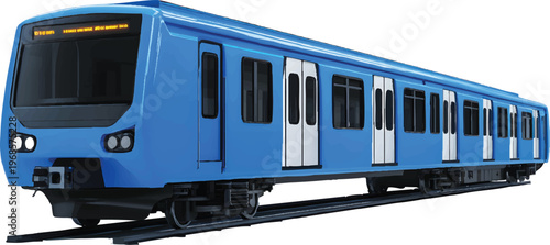 a blue subway train with black windows and white doors on the sides, a simple design