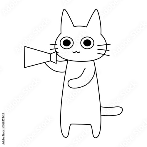 メガホンを持つ白猫キャラクター 横向きポーズのかわいいシンプルなイラスト