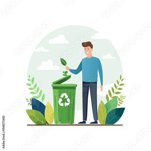 Man recycling leaves into a green bin, surrounded by lush foliage, representing eco-friendly waste management and sustainability
