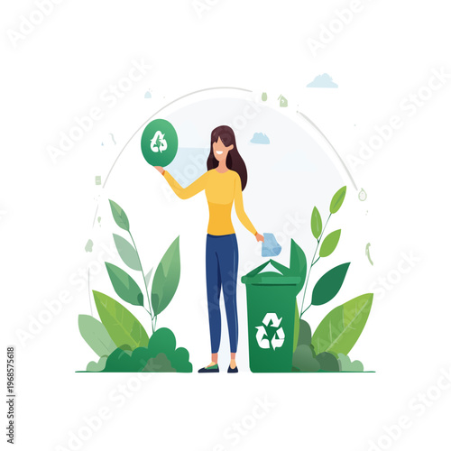 Woman recycling, emphasizing environmental responsibility with green bin and recycling symbol amidst lush foliage