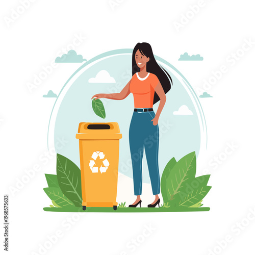 Young woman thoughtfully disposing of a leaf into a yellow recycling bin, promoting eco-friendly habits and environmental conservation for a greener planet