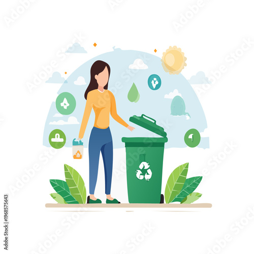 Recycling and environmental awareness - illustration of a woman sorting waste into a recycling bin with nature symbols