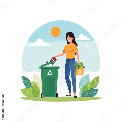 Woman recycling and collecting groceries in a park with green trees and a bright sun