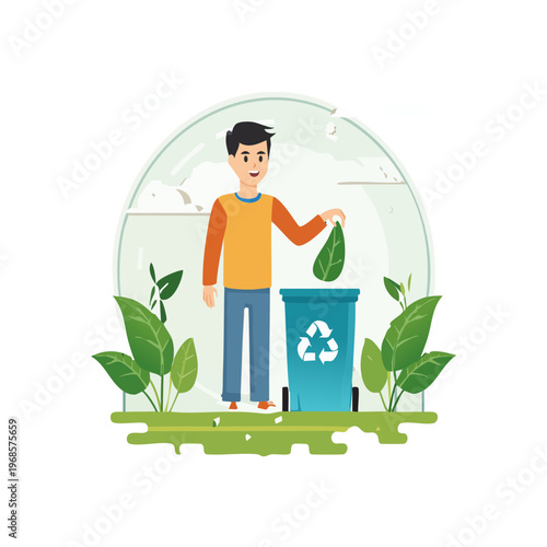 Man throwing trash in a recycling bin with plants and a green environment