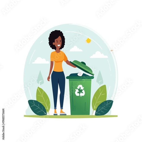 Woman actively participating in waste management by disposing of trash in a recycling bin to promote environmental sustainability and eco-friendly living habits