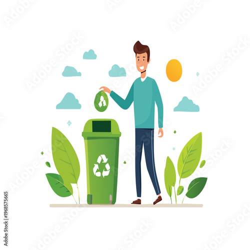 Young man actively participating in environmental conservation by recycling waste, promoting a sustainable future and responsible waste management practices for a greener planet through daily actions
