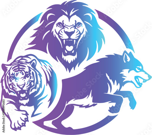 Lion Tiger and Wolf Predator Mascot Logo, Wildlife Gradient Vector, Fierce Animal Trio Icon