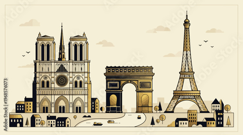 Elegant Paris Skyline Illustration with Eiffel Tower, Notre-Dame Cathedral, and Arc de Triomphe in Gold and Black Minimalist Style