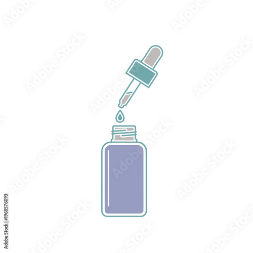 Bottle with dropper releasing a liquid.