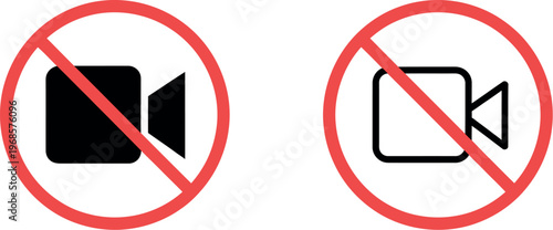 No video camera icon vector illustration round prohibition symbol indicating recording is not allowed for privacy protection and security purposes