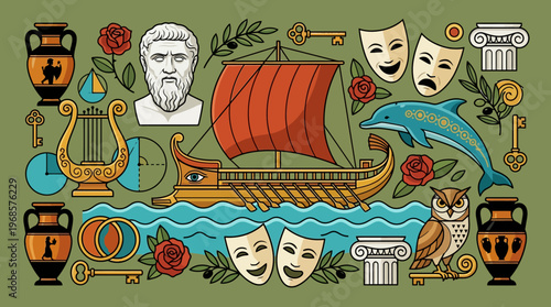 Ancient Greek Mythology and History Icon Set. Collection of Hellenic Symbols Including Trireme, Philosopher Bust, Amphora, Theater Masks, Owl of Athena, and Ionic Column.