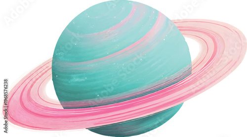 a cute pastel illustration of the planet saturn in shades of pink and teal