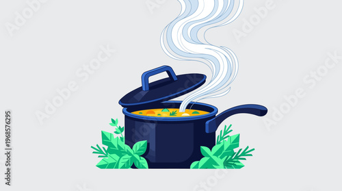 Vector Illustration of a Hot Cooking Pot with Steaming Soup and Fresh Herbs
