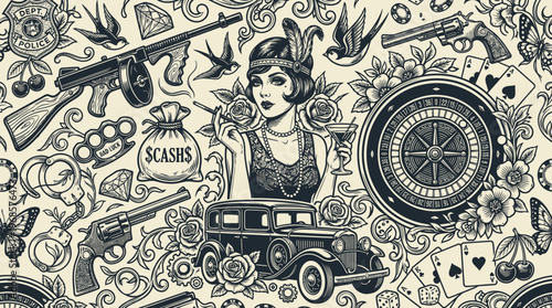 Retro Prohibition Era Gangster and Flapper Girl Tattoo Illustration. Vintage Mobster Elements including Tommy Gun, Roulette, Classic Car, and Revolver in Monochrome Style.
