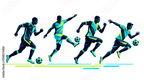 Dynamic Geometric Soccer Player Illustrations Set - Low Poly Football Athlete Poses for Sports Design