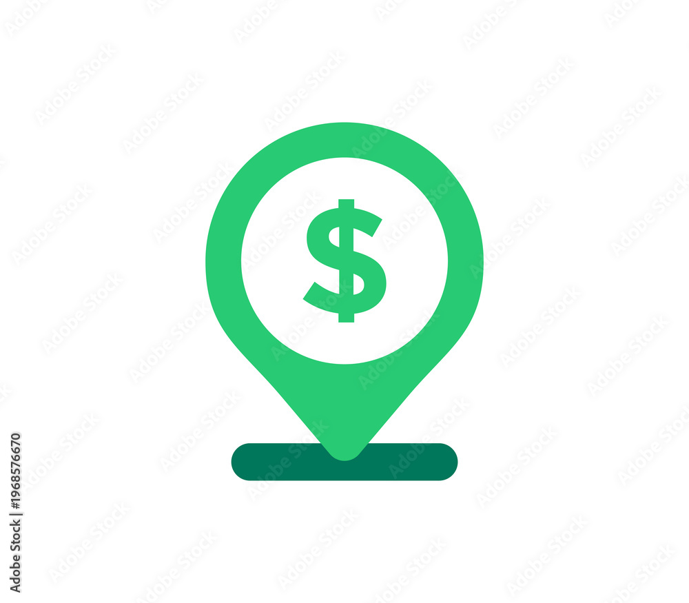 Obraz premium Flat icon of a location pin with a dollar symbol representing financial locations such as banks, ATMs, and payment points. Ideal for fintech apps, maps, and financial services UI.