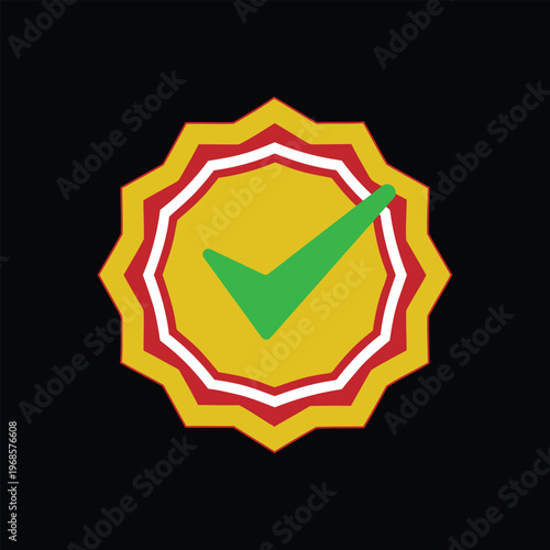 Award badge with green check mark inside gold and red starburst design on black background