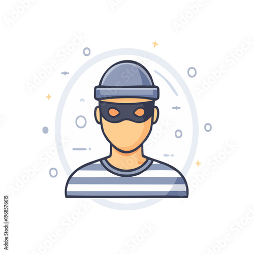 Vibrant vector icon depicting an anonymous character in a ski mask and beanie, symbolizing concepts of crime, burglary, data security threats, digital privacy concerns, or online fraud