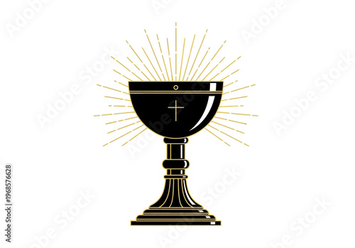 Holy Grail Illustration with Cross and Golden Rays - Sacred Chalice Icon for Communion, Christianity, and Religious Concepts