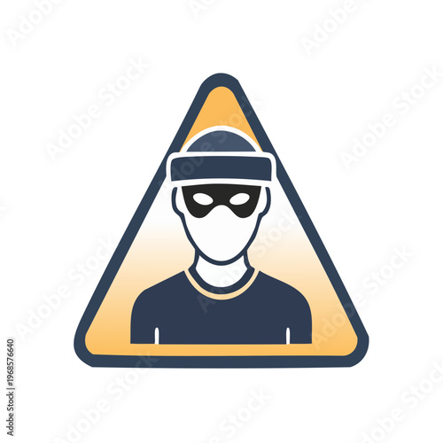 Warning sign with a masked thief icon, representing theft and danger, a symbol of security breach and illegal activity