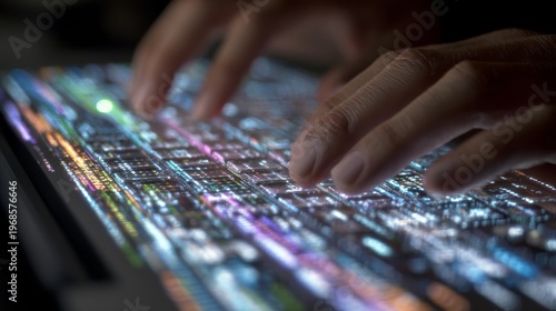 Close-up view of hands typing on a glowing, futuristic keyboard with complex light patterns. Dark environment