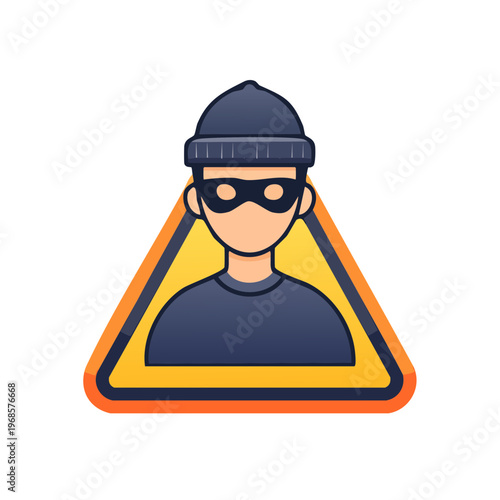 Vector illustration of a masked criminal figure within a triangular hazard warning sign, symbolizing online security threats, data theft, hacking risks, and general danger in digital environments