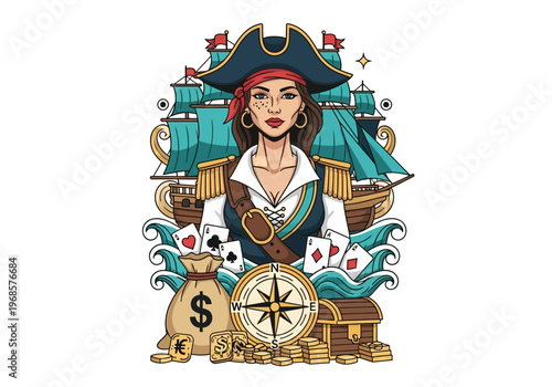 Female Pirate Captain Illustration with Sailing Ship, Treasure Chest, Money Bag, Compass and Playing Cards