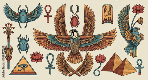 Ancient Egyptian Symbols Collection with Horus Falcon, Scarab Beetles, Ankh Cross, and Pyramids Illustration